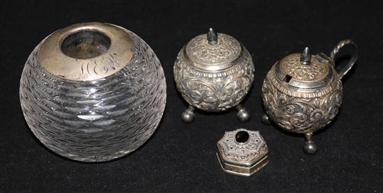 An Indian white metal salt and pepper pot, a silver mounted match strike and a 800 standard pill box.